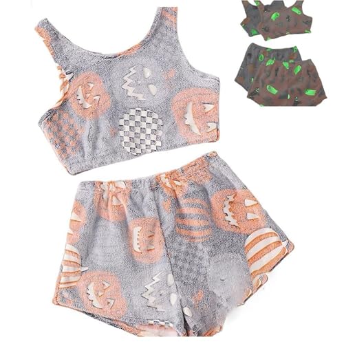 Gruseliges Pyjama-Set Mit Weste, Im Dunkeln Leuchtendes Halloween-Pyjama-Set Mit Weste, Pyjama-Set Aus Flanell, Leuchtendes Halloween-Print Für Damen (Orange,XL) von jyyyou