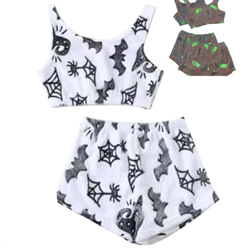 Gruseliges Pyjama-Set Mit Weste, Im Dunkeln Leuchtendes Halloween-Pyjama-Set Mit Weste, Pyjama-Set Aus Flanell, Leuchtendes Halloween-Print Für Damen (Weiß,XL) von jyyyou