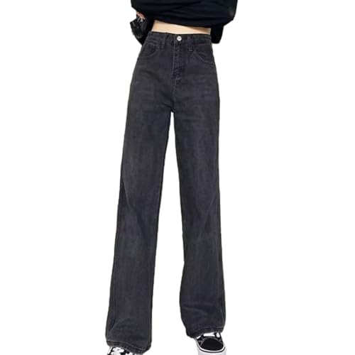 Jeans Mit Hoher Taille Und Geradem Bein, Jeans Mit Hoher Taille Für Damen, Gerade, Weit Geschnittene, Dehnbare, Lockere Jeanshose, Schlaghosen Mit Weitem Bein (Grau,L) von jyyyou