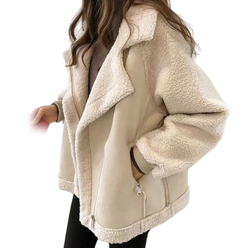 Koreanische Vintage-Kurzjacke, Flauschige Fleecejacke Für Damen, Sherpa-Mantel Mit Reißverschluss Und Langen Ärmeln, Warme Bomberjacke Mit Revers (Beige,2XL) von jyyyou