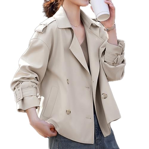 Kurzer Trenchcoat Für Damen 2024, Kurzer Peacoat Für Damen Mit Revers, Zweireiher-Blazer, Langärmlige Freizeitjacke Mit Revers Und Taschen (Hellkhaki,L) von jyyyou