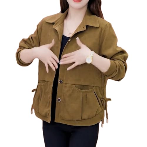 Lässige Kurze Jacke Mit Reversknopf Für Damen, Kurze Button-Down-Hemdjacke Für Damen, Langärmlige, Lockere Oberbekleidung Mit Revers Und Taschen (Gelb,4XL) von jyyyou