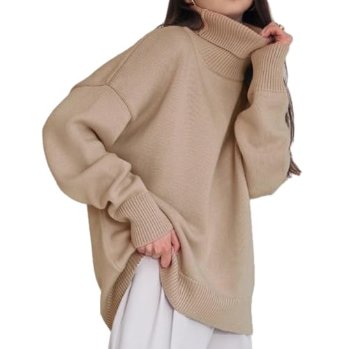 Lässiger Rollkragenpullover Für Damen In Volltonfarbe, Rollkragenpullover Für Damen Im Herbst, Langärmlige Gerippte Strick, Lässige, Lockere Pullover-Oberteile (Aprikose,S) von jyyyou