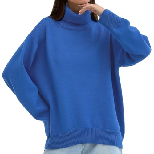 Lässiger Rollkragenpullover Für Damen In Volltonfarbe, Rollkragenpullover Für Damen Im Herbst, Langärmlige Gerippte Strick, Lässige, Lockere Pullover-Oberteile (Blau,L) von jyyyou