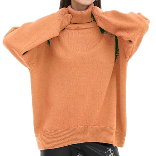 Lässiger Rollkragenpullover Für Damen In Volltonfarbe, Rollkragenpullover Für Damen Im Herbst, Langärmlige Gerippte Strick, Lässige, Lockere Pullover-Oberteile (Hellorange,S) von jyyyou