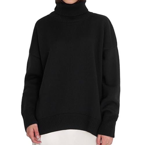 Lässiger Rollkragenpullover Für Damen In Volltonfarbe, Rollkragenpullover Für Damen Im Herbst, Langärmlige Gerippte Strick, Lässige, Lockere Pullover-Oberteile (Schwarz,S) von jyyyou