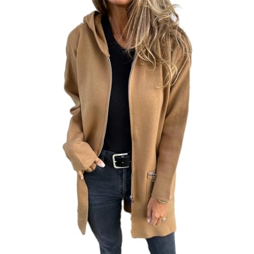 Langärmlige, Modische, Langärmlige Kapuzenjacke Mit Reißverschluss, Langärmliges Kapuzensweatshirt Mit Reißverschluss Für Damen, Langärmlige, Locker Sitzende Freizeitjacke (Kamel,S) von jyyyou