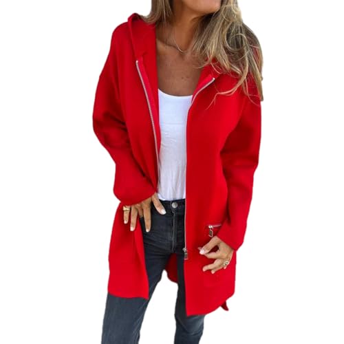 Langärmlige, Modische, Langärmlige Kapuzenjacke Mit Reißverschluss, Langärmliges Kapuzensweatshirt Mit Reißverschluss Für Damen, Langärmlige, Locker Sitzende Freizeitjacke (Rot,XL) von jyyyou