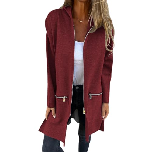 Langärmlige, Modische, Langärmlige Kapuzenjacke Mit Reißverschluss, Langärmliges Kapuzensweatshirt Mit Reißverschluss Für Damen, Langärmlige, Locker Sitzende Freizeitjacke (Weinrot,L) von jyyyou