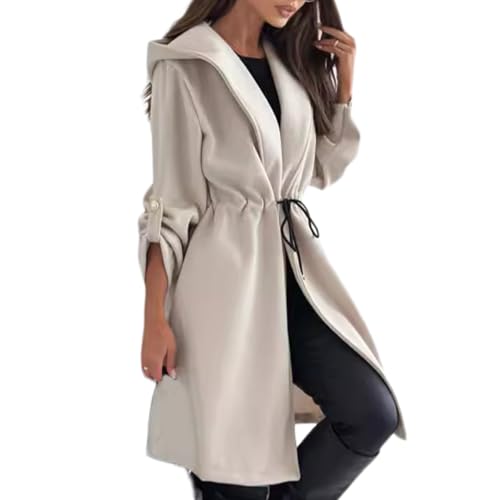 Lange Kapuzenjacke Mit Bindeband An Der Taille Für Damen, Damen-Trenchcoat Mit Kapuze, Reverskragen, Vorne Offen, Gürtel, Elegante Lange Jacke Mit Taschen (Aprikose,M) von jyyyou