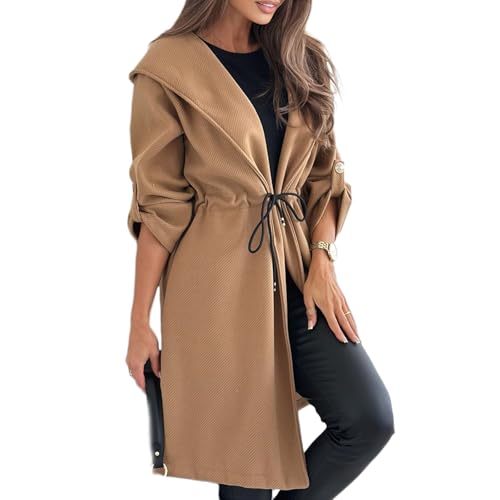 Lange Kapuzenjacke Mit Bindeband An Der Taille Für Damen, Damen-Trenchcoat Mit Kapuze, Reverskragen, Vorne Offen, Gürtel, Elegante Lange Jacke Mit Taschen (Kamel,M) von jyyyou