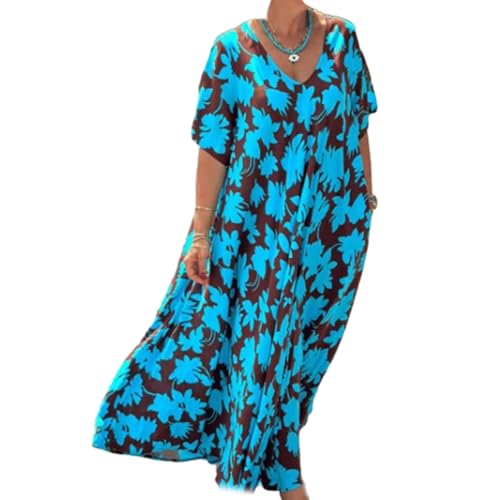 Lockeres Langes Kleid Mit V-Ausschnitt Und Print Für Damen, Lockeres Langes Kleid Mit V-Ausschnitt Und Kurzen Ärmeln, Fließendes Maxikleid Mit Blumenmuster Im Boho-Stil (Blau,M) von jyyyou