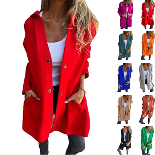 Meditatem Casual Einreihige Kapuzenjacke, Meditatem Kapuzenjacke Damen, Revers Einreihig Mit Druckknöpfen, Langarm Kapuzenjacke (rot,2XL) von jyyyou