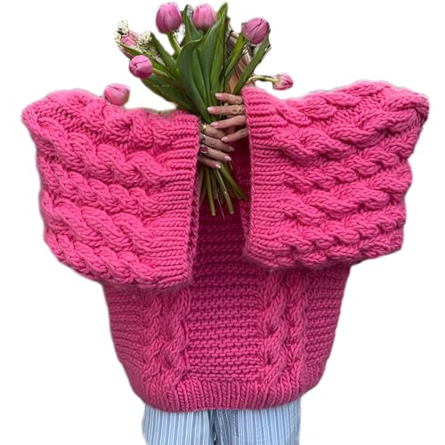 Übergroßer Strickpullover, Übergroßer Rundhalspullover Mit Zopfmuster Für Damen, Grobstrickpullover Mit Rundhalsausschnitt, Langärmliger Grobstrickpullover Mit Lässigem Schnitt (Rosa,L) von jyyyou