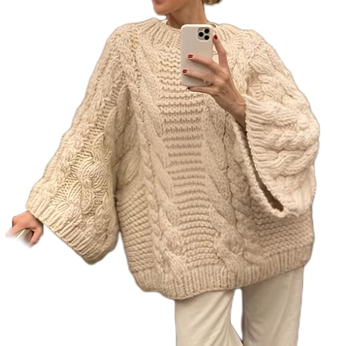 Übergroßer Strickpullover, Übergroßer Rundhalspullover Mit Zopfmuster Für Damen, Grobstrickpullover Mit Rundhalsausschnitt, Langärmliger Grobstrickpullover Mit Lässigem Schnitt (Weiß,L) von jyyyou