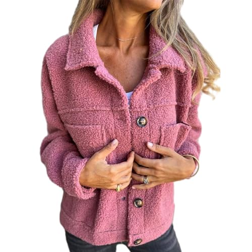 Warme, Kurze Reversjacke Für Damen, Vorne Offener Cardigan-Pullover, Lässiger Mantel Mit Knopfleiste, Langärmlige Fleecejacke Für Damen, Lässiger Reverskragen (Rosa,3XL) von jyyyou