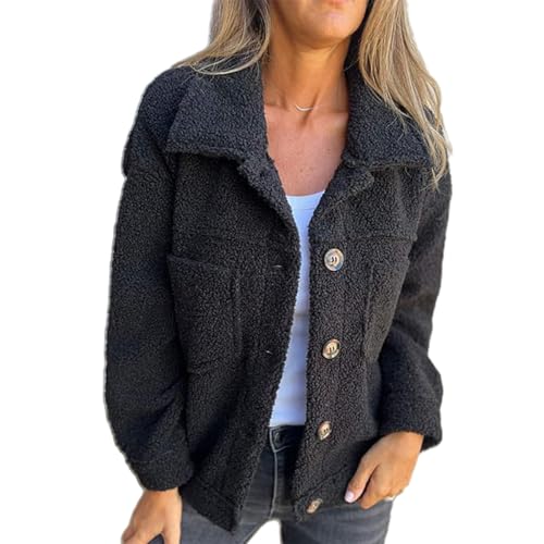 Warme, Kurze Reversjacke Für Damen, Vorne Offener Cardigan-Pullover, Lässiger Mantel Mit Knopfleiste, Langärmlige Fleecejacke Für Damen, Lässiger Reverskragen (Schwarz,2XL) von jyyyou