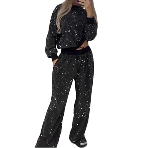 Zweiteiliges Pailletten-Set, Lockeres Oberteil Und Weite Hose, Zweiteiliges Damen-Outfit, Pailletten-Oberteil, Glitzernd, Hohe Taille, Gerade Hose Mit Weitem Bein (Schwarz,S) von jyyyou