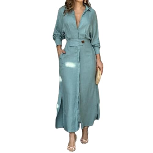 jyyyou Elegantes Leinenkleid, Langärmliges Hemdblusenkleid Für Damen, Fließendes, Lässiges Tunika-Maxi-Shirt Mit Schlitz, Lässiges, Lockeres Maxi-Kleid Mit Bindegürtel Und Taschen (Hellblau,S) von jyyyou