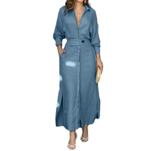 jyyyou Elegantes Leinenkleid, Langärmliges Hemdblusenkleid Für Damen, Fließendes, Lässiges Tunika-Maxi-Shirt Mit Schlitz, Lässiges, Lockeres Maxi-Kleid Mit Bindegürtel Und Taschen (Dunkelblau,3XL) von jyyyou