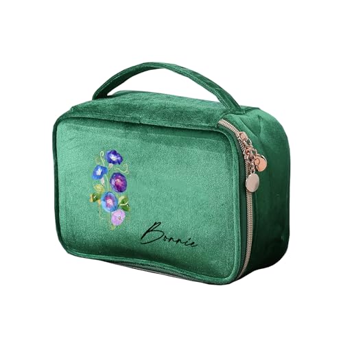 Kaululu Klein Kosmetiktasche Damen Personalisierte KulturtascheGraviert mit Geburtstagsblume und Name Kosmetiktasche zum Aufhängen Make Up Tasche Cosmetic Bag Organizer für Reisen (Grün) von kaululu