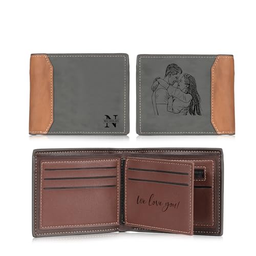 kaululu Personalisierte Geldbörse Herren mit Foto Portemonnaie mit Gravur Faltbare Geldbörse mit Karte Ausweis Bargeldhalter für Papa Ehemann Personalisierte Geschenk für Männer (Grau) von kaululu