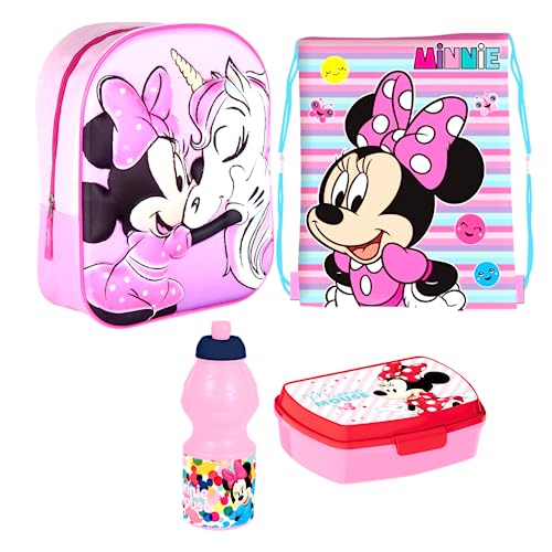 Disney Minnie Maus Mouse 4 Teile Kindergarten 3D Rucksack Tasche Turnbeutel Brotdose Trinkflasche Set mit Sticker-von-Kids4shop von Kids4shop