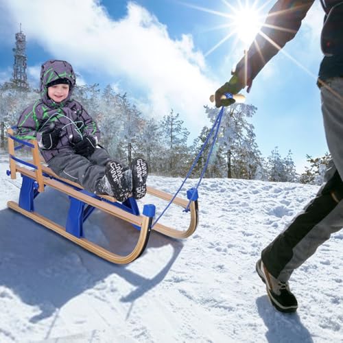 kiskick Holz-Schneeschlitten zum Ziehen, faltbarer Kinderschlitten mit Rückenlehne, große Gewichtskapazität, Holzschneeschlitten mit langem Grabseil, Kinder-Rodel, Winter-Outdoor-Holzschlitten, von kiskick