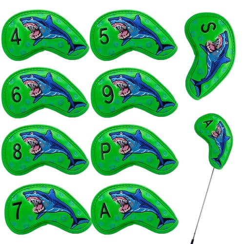 Golfschlägerhauben Set von 9 | bestickte Hai-Eisenkopfabdeckungen, Golfschlägerabdeckungen, Set, strapazierfähiges PU-Leder, Golfschlägerhauben für Golfschläger von kivrimlarv