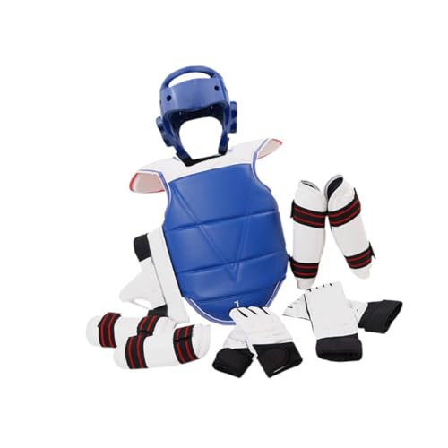 kowaku 7 Teiliges Kampfsport Schutzset für Taekwondo, Gepolsterte Ausrüstung, Verstellbare Handschuhe, Halbfinger Handschützer, Bein Und Armschoner, blau XL von kowaku