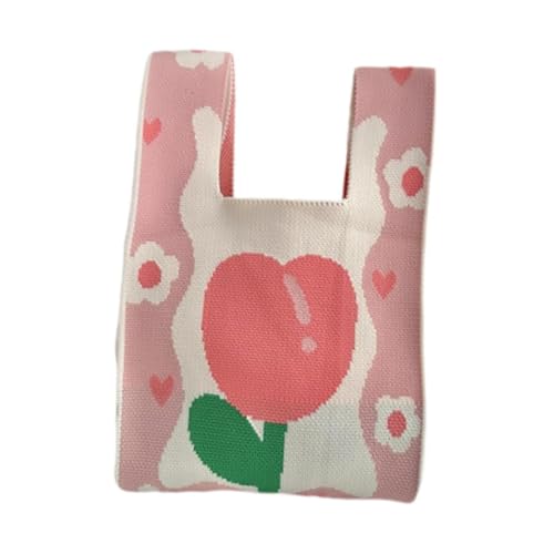 kowaku Knoten Handgelenk Tasche Handgelenk Handtasche Wiederverwendbare Nette Trendy Reise Floral Gestrickte Tasche, Rosa von kowaku