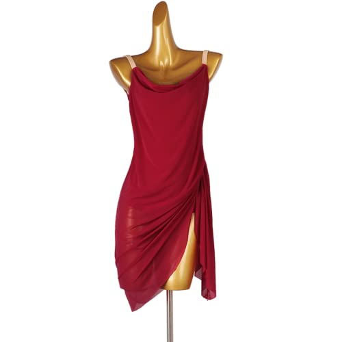 Damen Ärmellos Latein Rumba Chacha Kleider Latein Tanz kostüm sexy tanzkleid Latein Tanz Kleidung Mesh Tango Cha Cha Tanzoutfit (S,Claret) von kzytamz