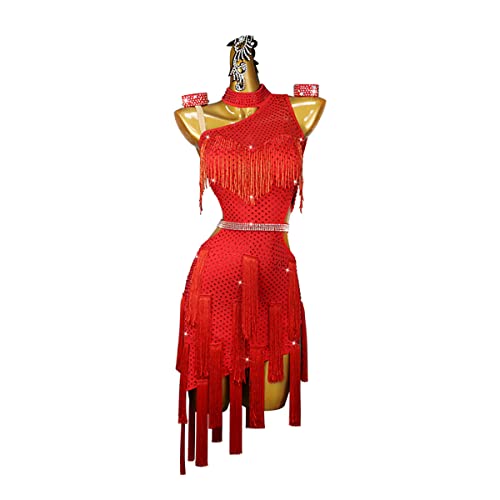 kzytamz Damen Fransen Latin Dance Kleider Latein Turnierkleid Ballsaal Rückenfrei Salsa Samba Rumba ChaCha Kostüm Geschenke für Frauen (S,Red) von kzytamz