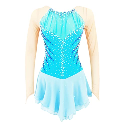 Eiskunstlauf Kleid, Blau-Weiße Farbverlauf Dreidimensionale Blume Strasssteine Elastizität Wettbewerb Leistung Eiskunstlauf Kostüm, Langarm Open Back Performance Kleidung Kleider Skaten (XXXS,Blue) von kzytamz