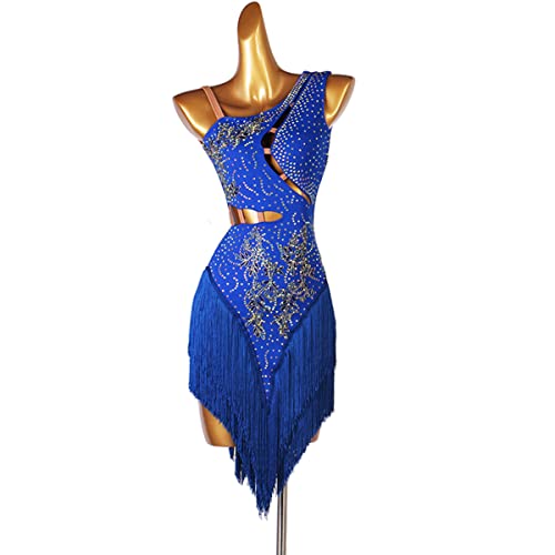 Lateinisches Tanzkleid Damen Fransen Latin Dance Kleider für Frauen Ballsaal Salsa Samba Rumba ChaCha Kostüm Beruf Latin Competition Dress Walzer Performance Kleid (S,Blue) von kzytamz