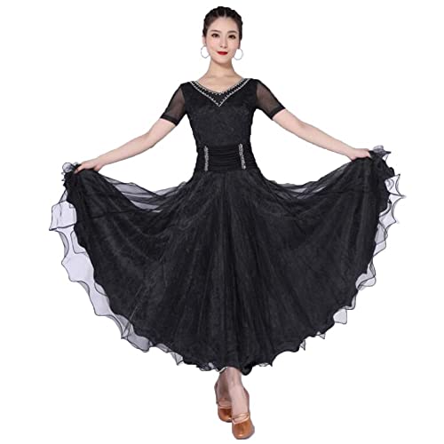 kzytamz Ballsaal-Kleid für Damen Walzer-Spitze Ballsaal-Tanzkleid für Damen mit Damen Salsa Flamenco Übungskostüm Tango Trainings Tanz Outfit (M,Black) von kzytamz