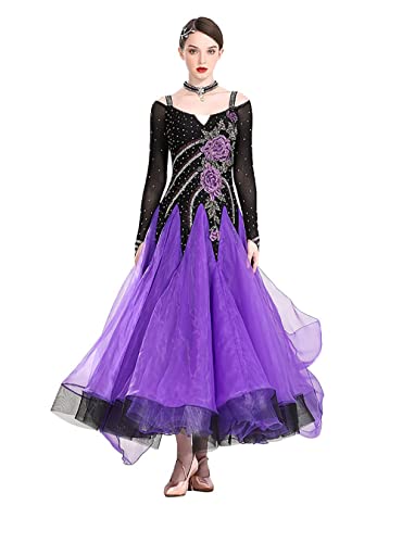 kzytamz Ballsaal Tanzen Großanzug Kleid, Walzer, Tango, Foxtrot Professionelles Wettbewerb Gesticktes Kleid Modernen Walzer Tango Tanzen Kleidung Gesellschaftstanz Röcke (XL,Purple) von kzytamz