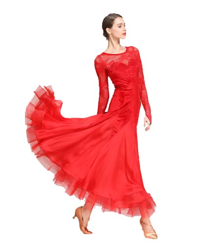 kzytamz Ballsaal Tanzen Kleid Für Damen Walzer Tango Foxtrot Flamenco Dance Kleider Langarm Tango Dancewear Spitze Modernes Tanzkostüm (Red,XXL) von kzytamz