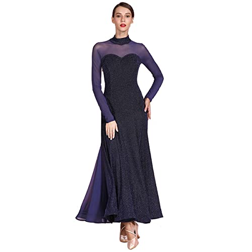 kzytamz Ballsaal-Tanzkleider aus elastischer Heller Seide für Damen,Zeitgenössische Balletttanzkleidung mit Langen Ärmeln Fließendes Tanzkostüm (XL,Navy Blue) von kzytamz