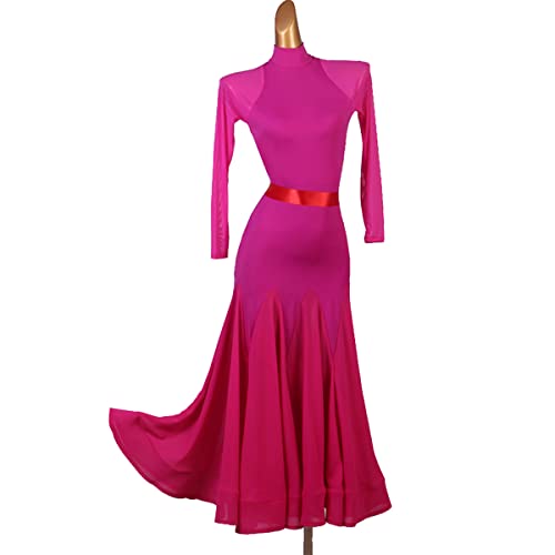 kzytamz Ballsaal-Tanzkleider für Damen Glatter moderner Walzer-Tango Great Swing Langarm-Tanz-Outfit Turnierkleid National Standard Ballsaal Tanzen Leistungskostüm (M,Rose red) von kzytamz