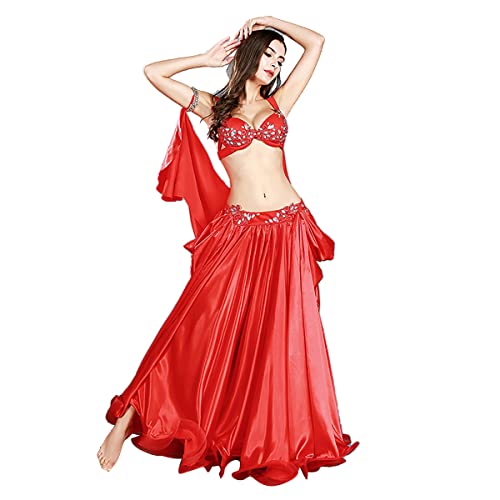 kzytamz Bauchtanz Outfits für Frauen Sexy Schal Crop Top BH und Gürtel Big Swing Dance Rock Set Karneval Halloween Outfit (S,Red) von kzytamz