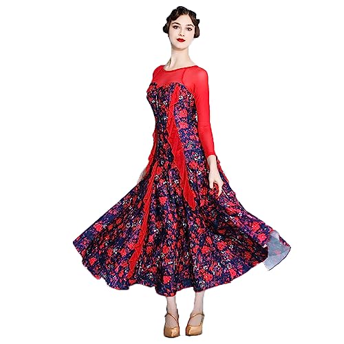 kzytamz Bedrucktes Tanzkleid aus Eisseide Damen Performance Kleid Elastische Walzerkleider Für Damen Salsa Flamenco Übungskostüm Wettbewerb Kleid der Frauen (M,Red) von kzytamz