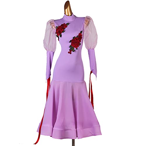 kzytamz Besticktes Tanzwettbewerb Kostüm Für Damen Mesh-Splice-Waltz-Tango Professionelle Wettkampf-Tanzbekleidung Salsa Modern Dance-Kostüme Tolle Tüllschaukel (L,Purple) von kzytamz