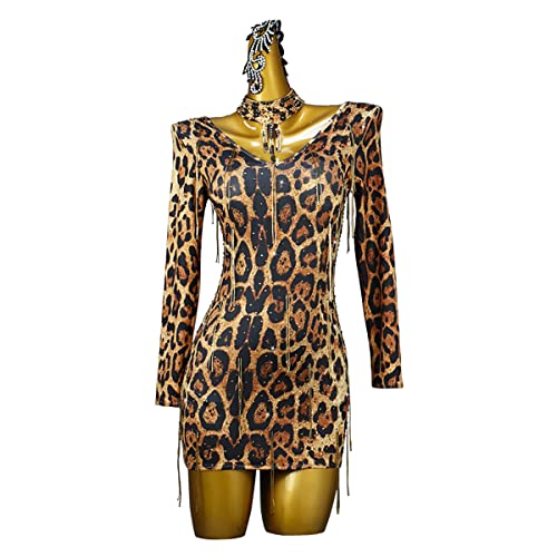 kzytamz Damen Ballsaal Kleider Neckholder Leopard mit hohem Kragen Quaste Latin Tanzkleid Eleganter Rock mit Strass-Quaste Performance-Wettkampf Latein-Tanz (M,Leopard Print) von kzytamz