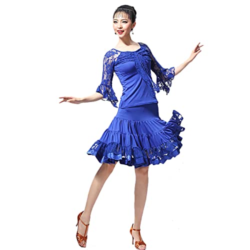 kzytamz Damen Ballsaal Salsa Samba Tango Cha Cha Rumba Durchgeführt Kostüme Ballsaal Kurze Ärmel Rock Spitze Mittelarm Latein Turnierkleid Kurzer Rock Outfit Foxtrot Praxisrock (M,Blue) von kzytamz