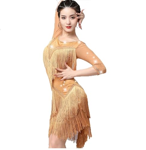 kzytamz Damen Ballsaal Tanzkleid, Milchseide Quaste Salsa Latein Tanzen Kleid Performance Tanzkleidung Leistungswettbewerb Latin Dance Rock (XXL,Gold) von kzytamz