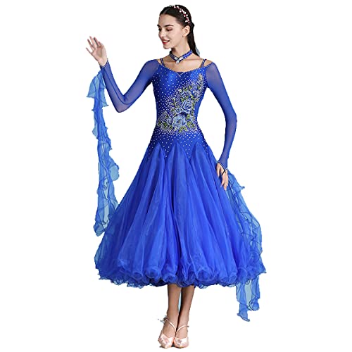 kzytamz Damen Ballsaal Tanzkleid Spitzenärmel Langarm Kleid Professionelles Modern Walzer Cha Kleid anzen Walzer Tango Party Latein Swing Dancewear Rock Kleid for Frauen (S,Blue) von kzytamz