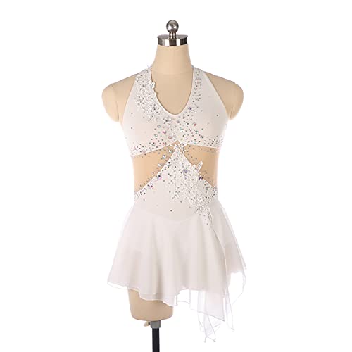 kzytamz Damen Eiskunstlauf Kleid Tanzkleider Strass Kinder Turnanzug Gymnastik Leotards Ballett Tutu Mini Skater Rock Trikot Ärmellos mit Strass Ballett (M,White) von kzytamz