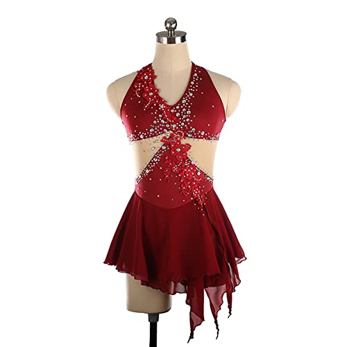 kzytamz Damen Eiskunstlauf Kleid Tanzkleider Strass Kinder Turnanzug Gymnastik Leotards Ballett Tutu Mini Skater Rock Trikot Ärmellos mit Strass Ballett (XL,Red) von kzytamz