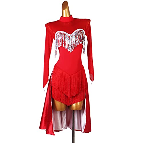 kzytamz Damen Fringe Latin Dance Kleider Hoher Kragen Lange Ärmel Latin Competition Dress Modernes Ballsaal Salsa Samba Kostüm Für Frauen Flamenco Kleid Foxtrot Praxisrock (XXL,Red) von kzytamz